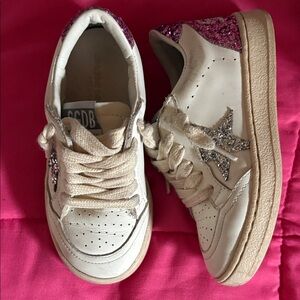 Golden Goose Kids White Leather Sneakers with Pink and Silver Glitter